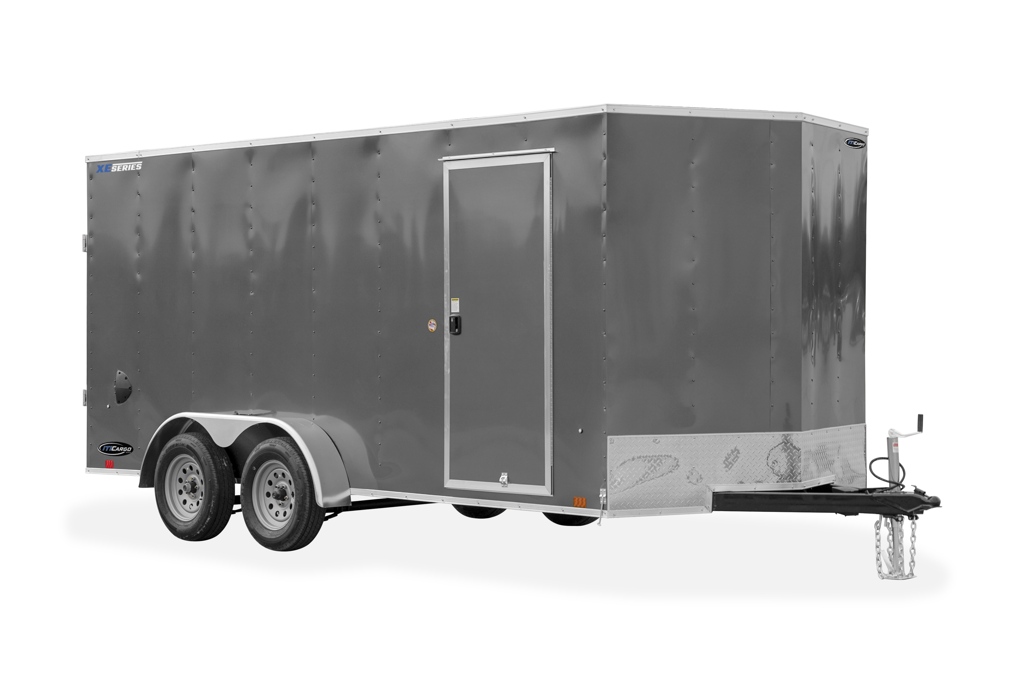 ITI Cargo Trailers | Products | Trailer Models | XE Cargo V-Nose Trailer | Image of grey enclosed cargo trailer with dual axles showing the front right side of trailer with side door and a clear background
