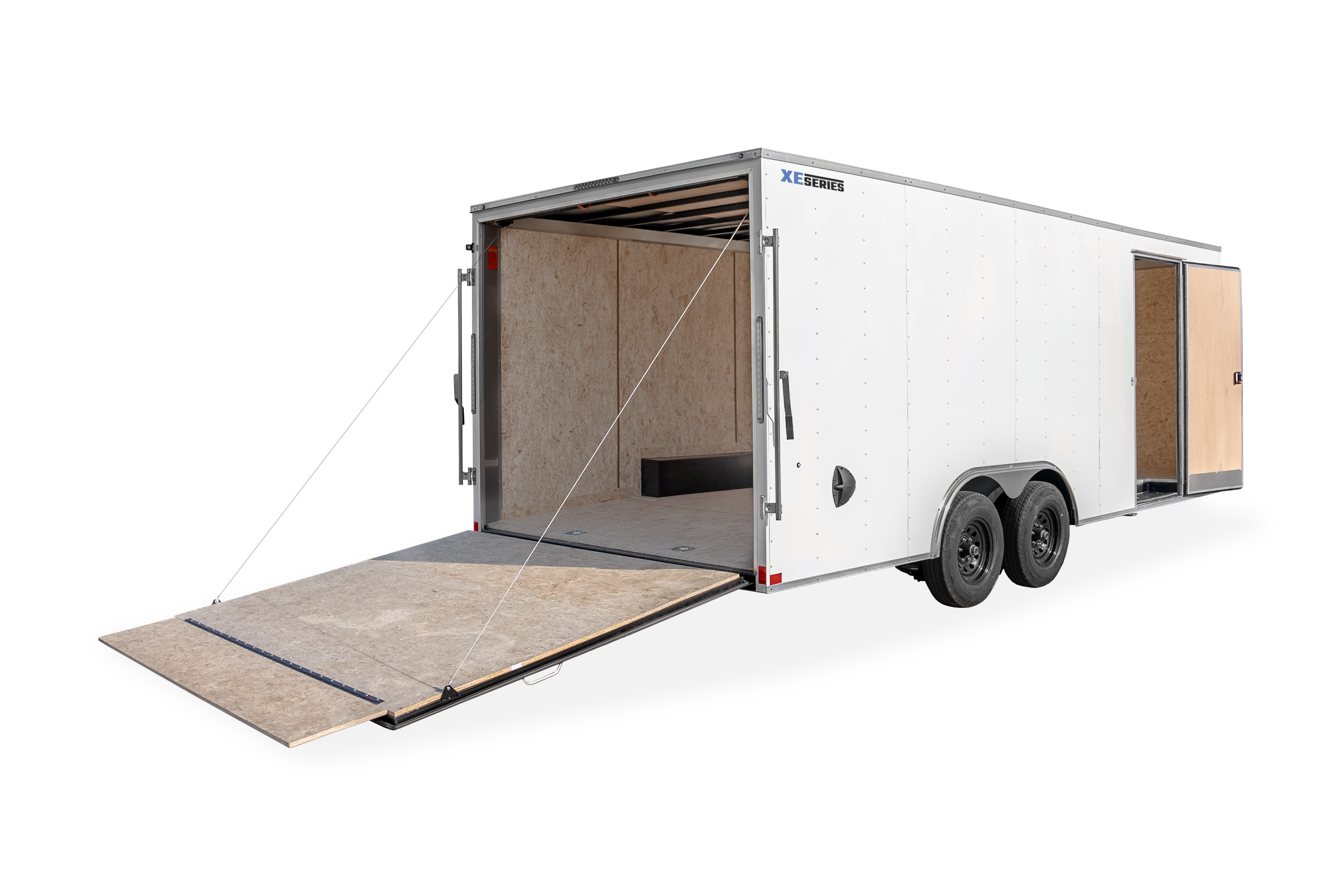 ITI Cargo Trailers | Products | Trailer Models | XE Car Hauler Trailer | Good Model image of back right of trailer with rear fold down door folded down and a ramp door door extended out | Image 5