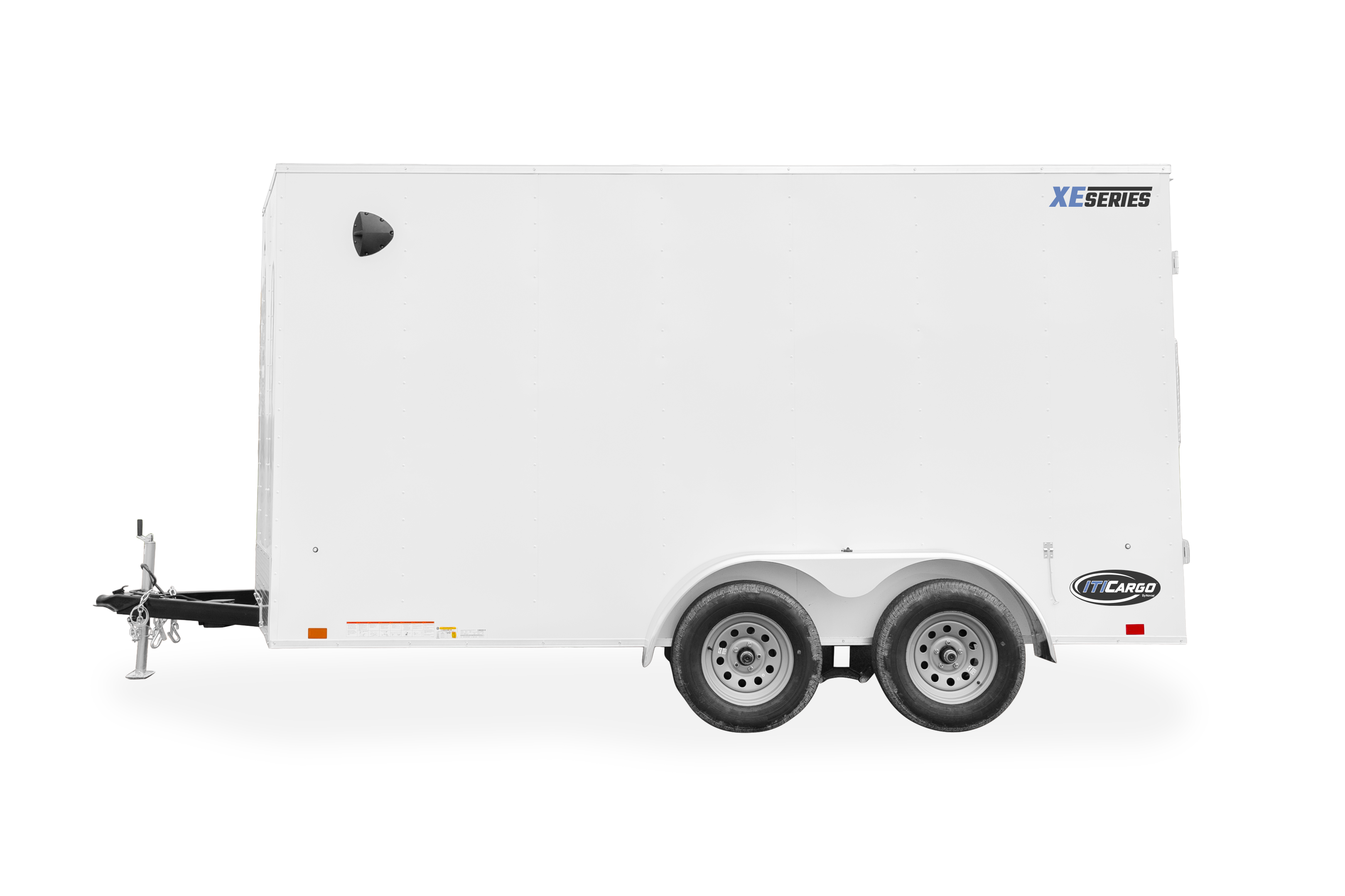 ITI Cargo Trailers | Products | Trailer Models | XE Cargo V-Nose Trailer | Image of white enclosed cargo trailer with dual axles showing left side of trailer clear background