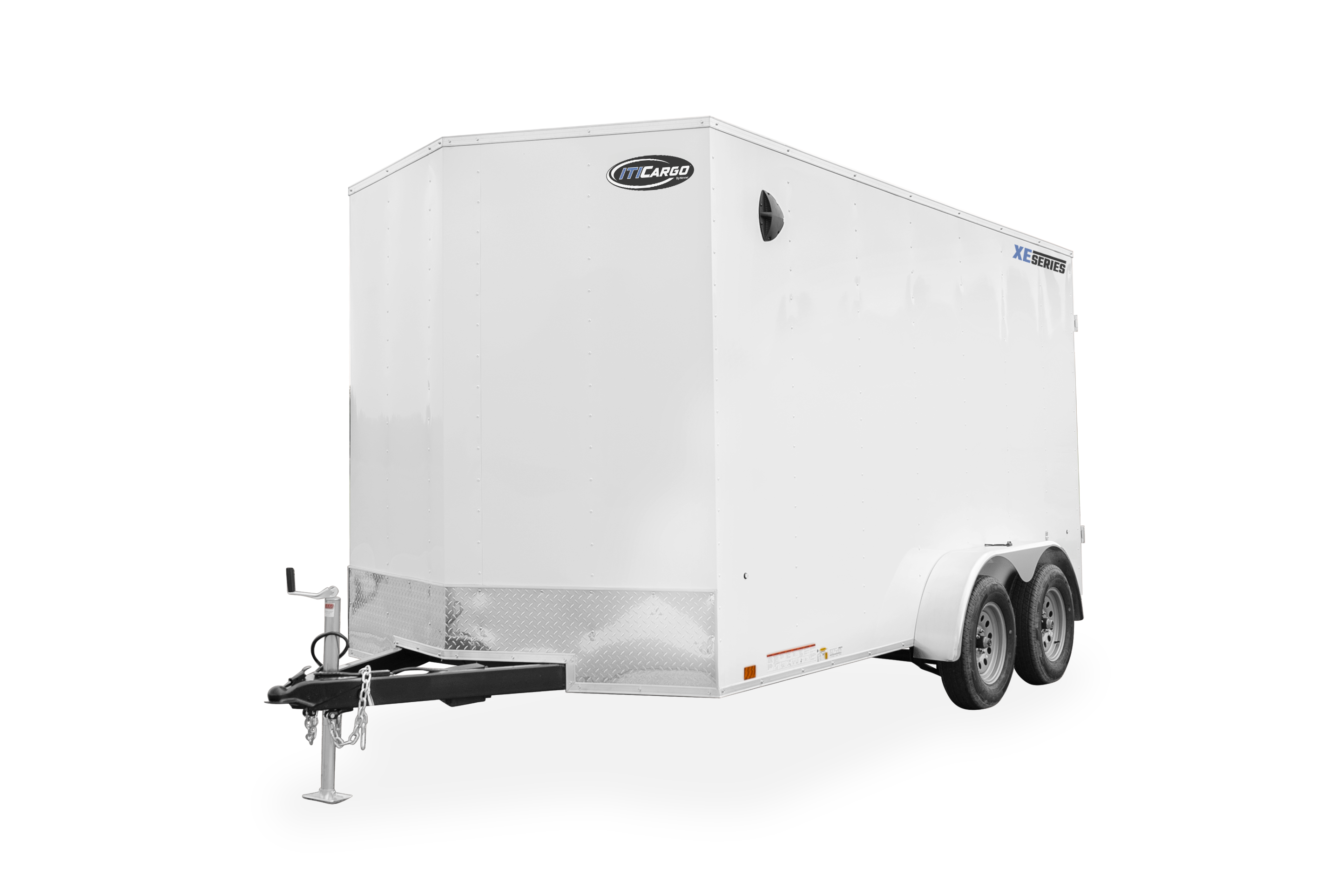 ITI Cargo Trailers | Products | Trailer Models | XE Cargo V-Nose Trailer | ITI Cargo Trailers | Products | Trailer Models | XE Cargo V-Nose Trailer | Image of white enclosed cargo trailer with dual axles showing left front of trailer clear background | Image 1