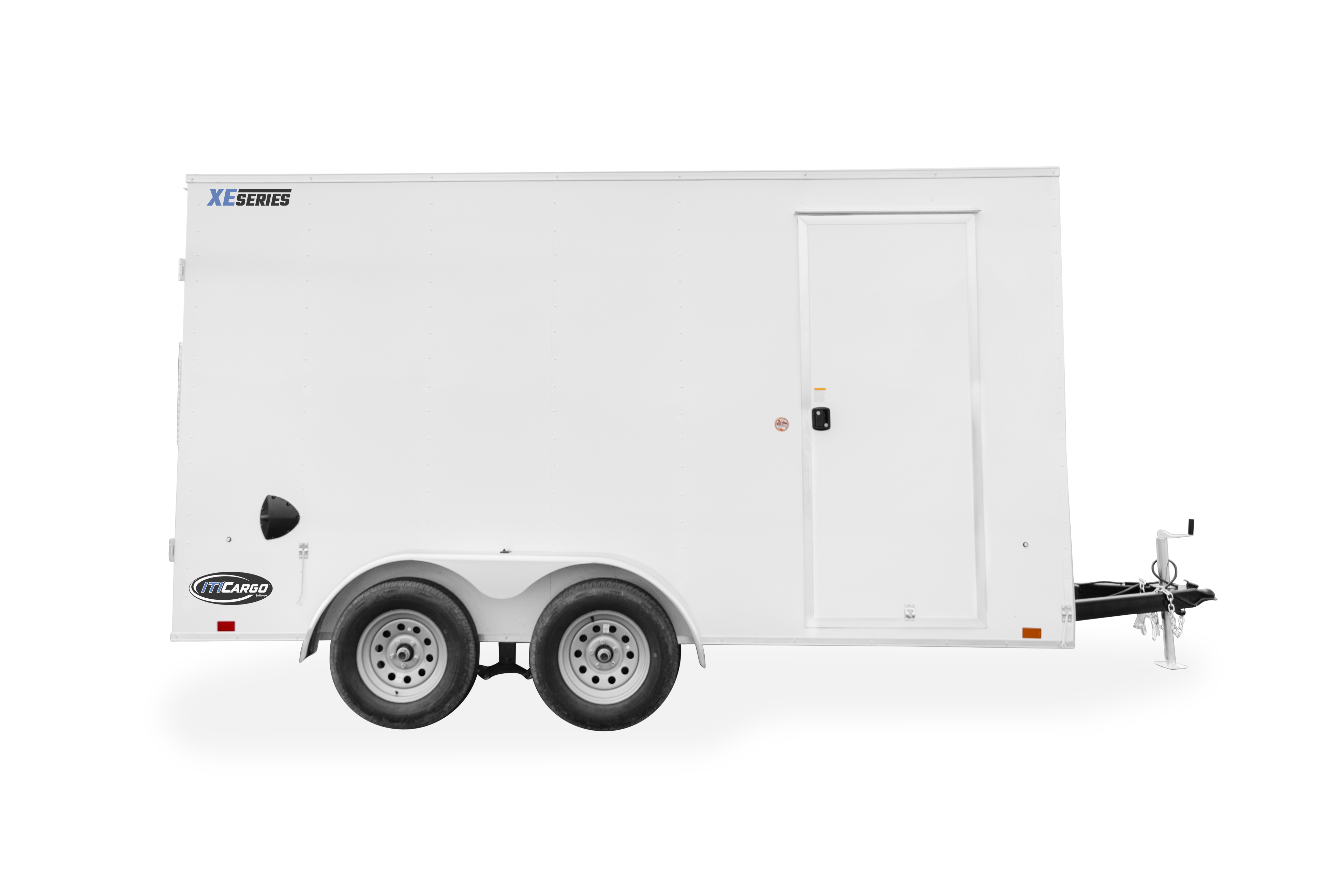 ITI Cargo Trailers | Products | Trailer Models | XE Cargo V-Nose Trailer | Image of white enclosed cargo trailer with dual axles showing right side of trailer clear background