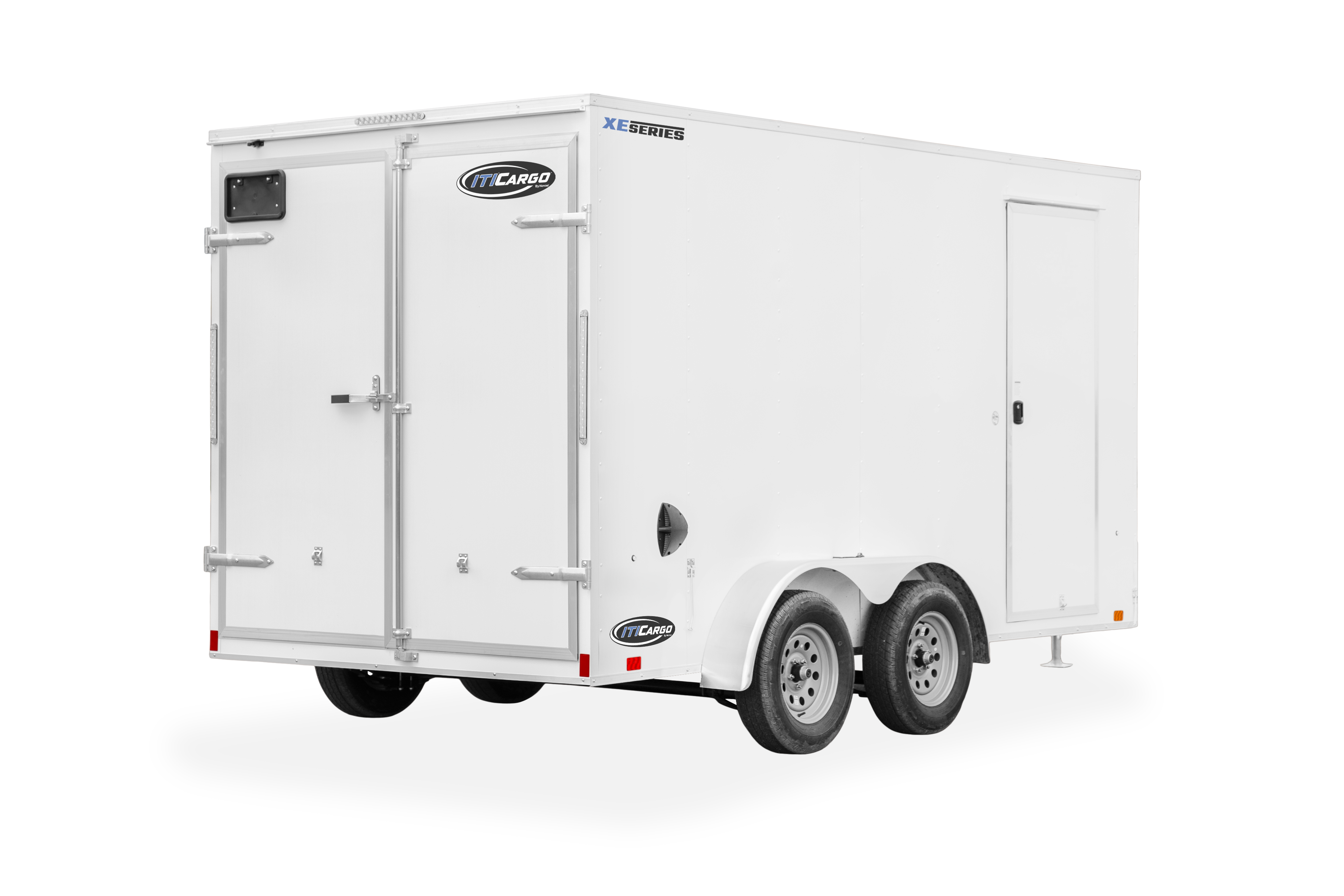 ITI Cargo Trailers | Products | Trailer Models | XE Cargo V-Nose Trailer | Image of white enclosed cargo trailer with dual axles showing the back right of trailer with rear double door and a clear background
