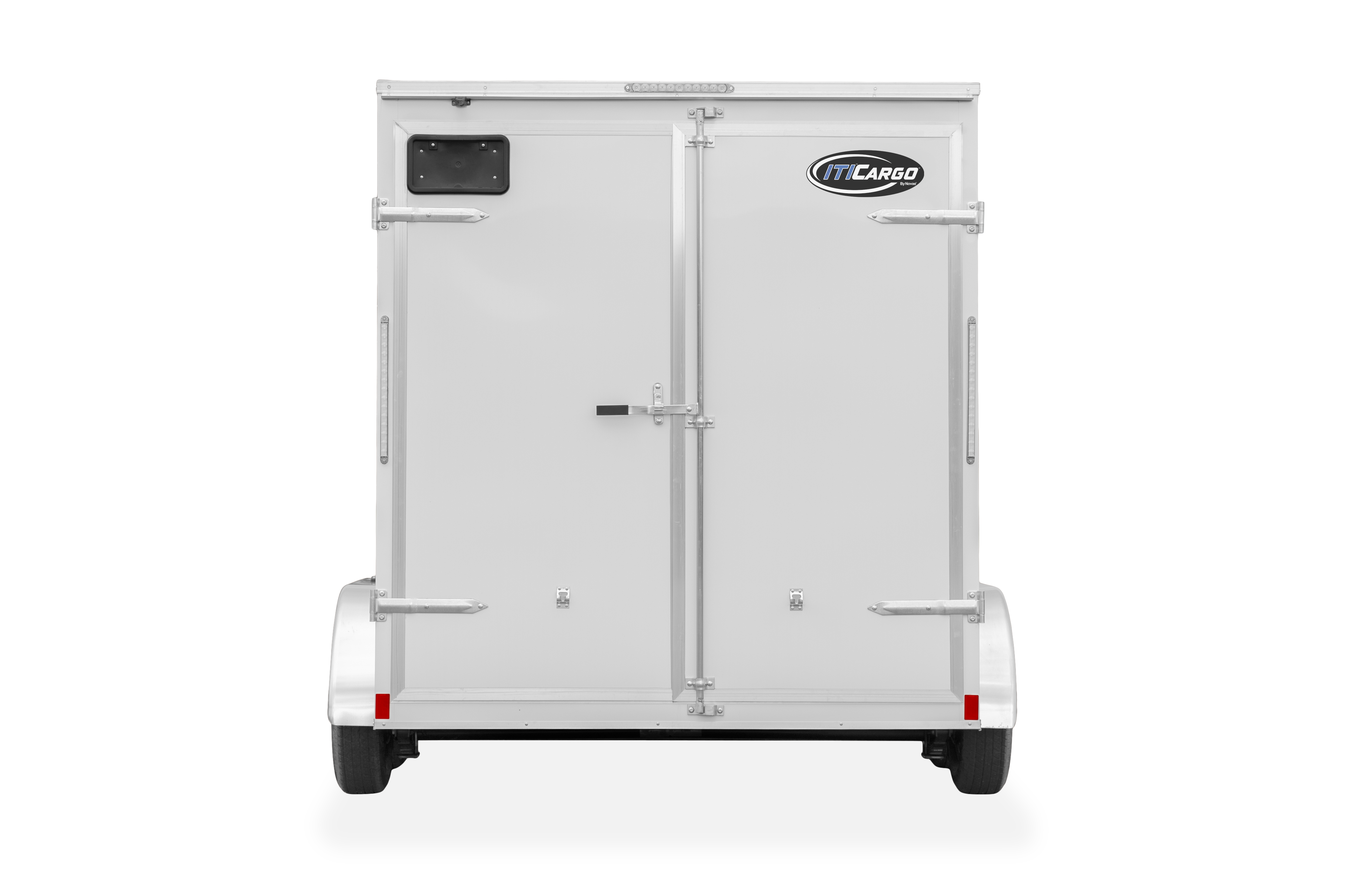 ITI Cargo Trailers | Products | Trailer Models | XE Cargo V-Nose Trailer | Image of white enclosed cargo trailer with dual axles showing the back of trailer with rear double door and a clear background