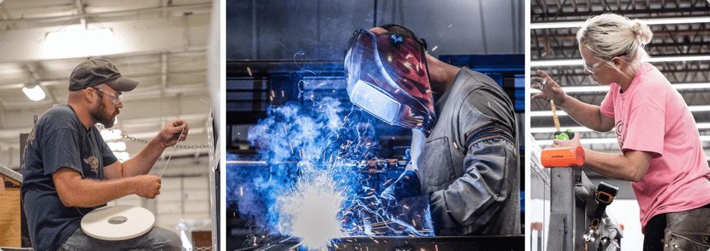 Collage of three factory workers building trailers: a man applying trim, a welder creating sparks, and a woman using tools to assemble a trailer.